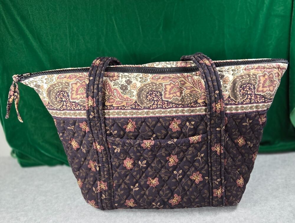 Vera Bradley Black Walnut Vintage Quilted Zip Top Tote Bag Brown Paisley retired